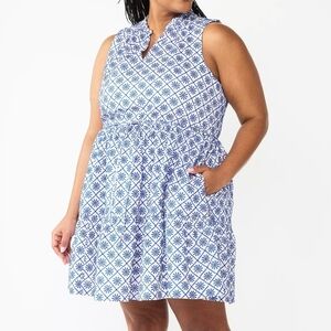 Draper James Sleeveless Tiered Embroidered Baby Doll Mini Dress, White & Blue 3X